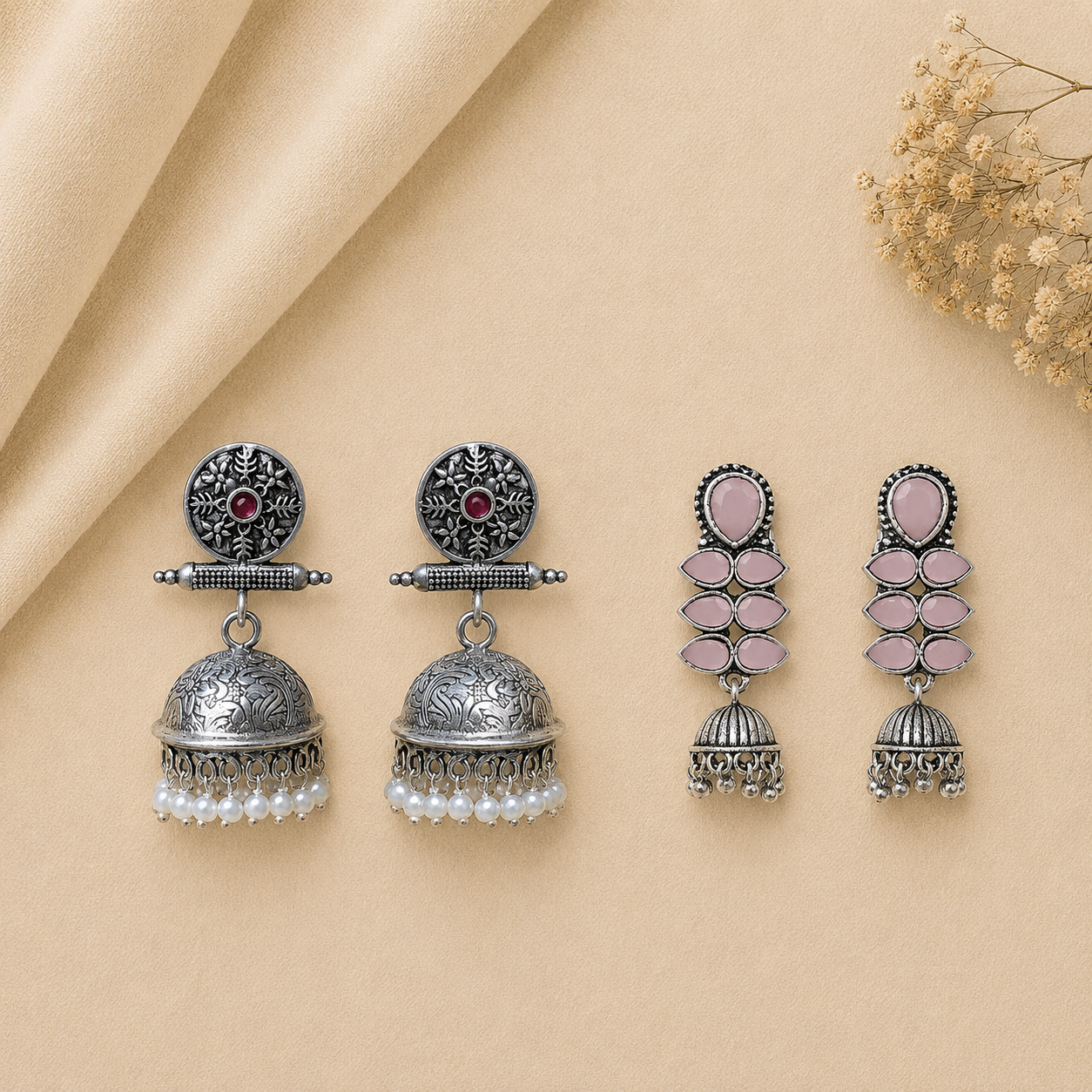 Charmbell earrings (Red) Dazzle Dash Jhumki earring (Baby Pink) Combo set