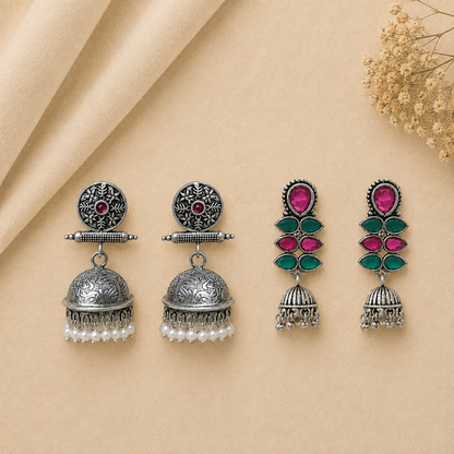 Charmbell earrings (Red) Dazzle Dash Jhumki earring (Multicolored) Combo set