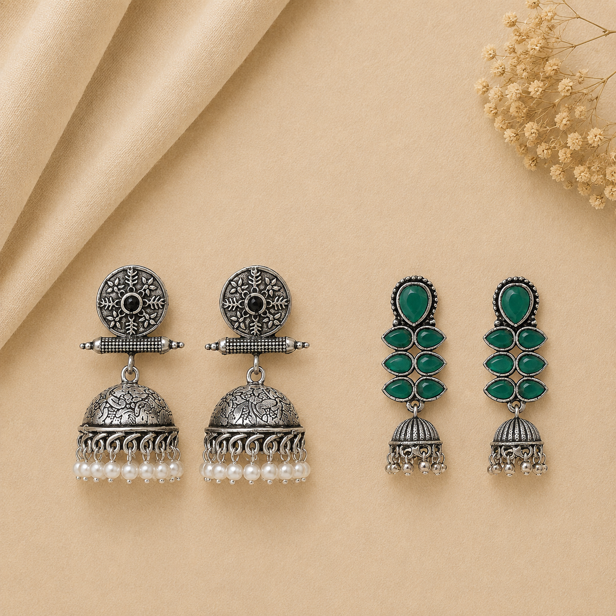 Charmbell earrings (Black) Dazzle Dash Jhumki earring (Green) Combo set