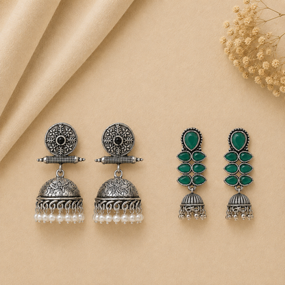 Charmbell earrings (Black) Dazzle Dash Jhumki earring (Green) Combo set