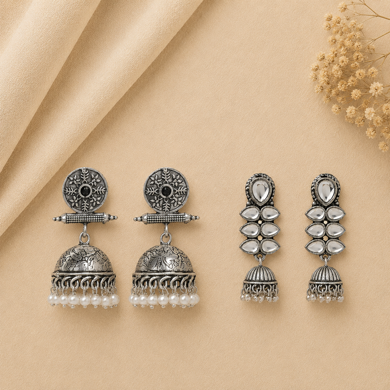 Charmbell earrings (Black) Dazzle Dash Jhumki earring (White) Combo set