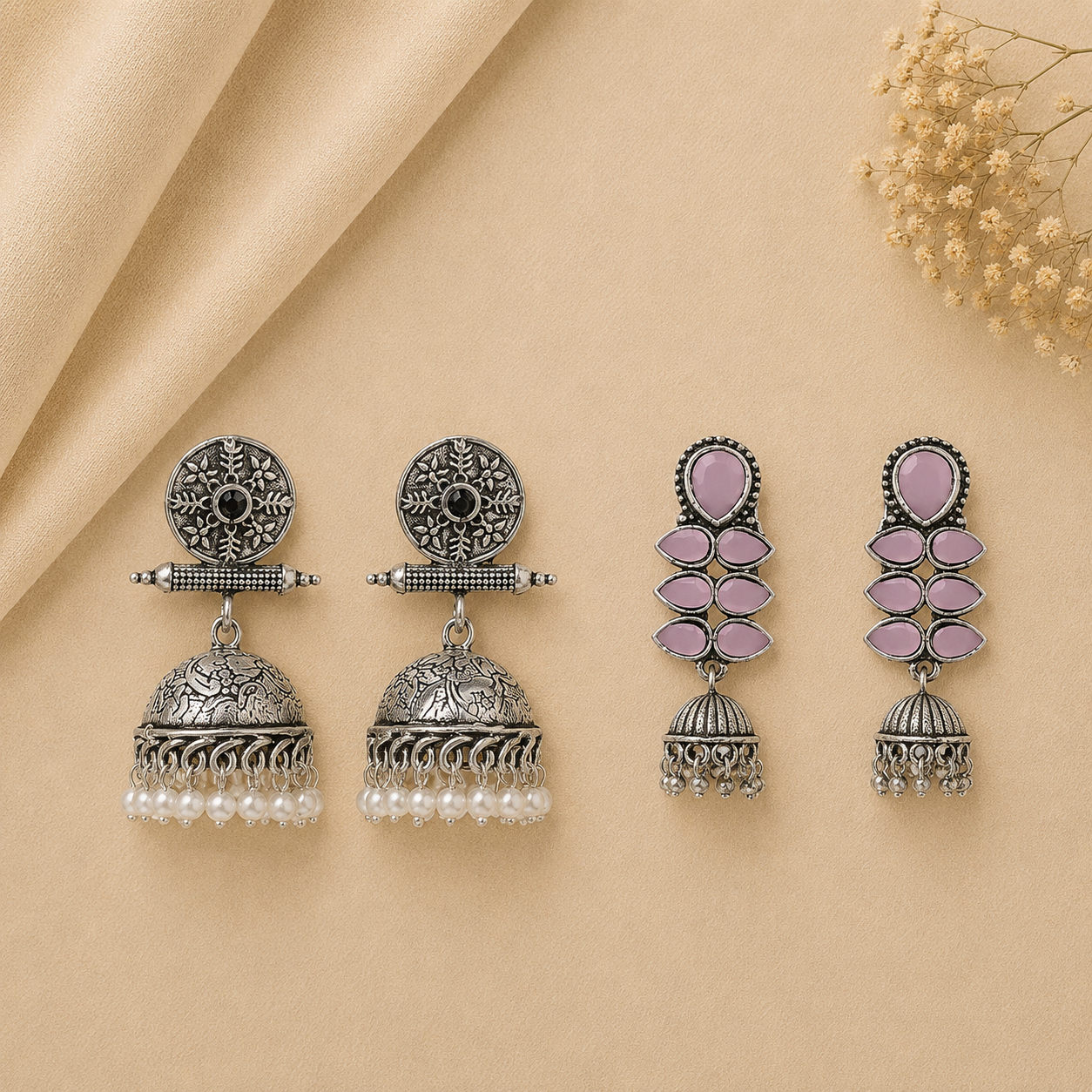 Charmbell earrings (Black) Dazzle Dash Jhumki earring (Baby Pink) Combo set
