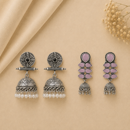 Charmbell earrings (Black) Dazzle Dash Jhumki earring (Baby Pink) Combo set