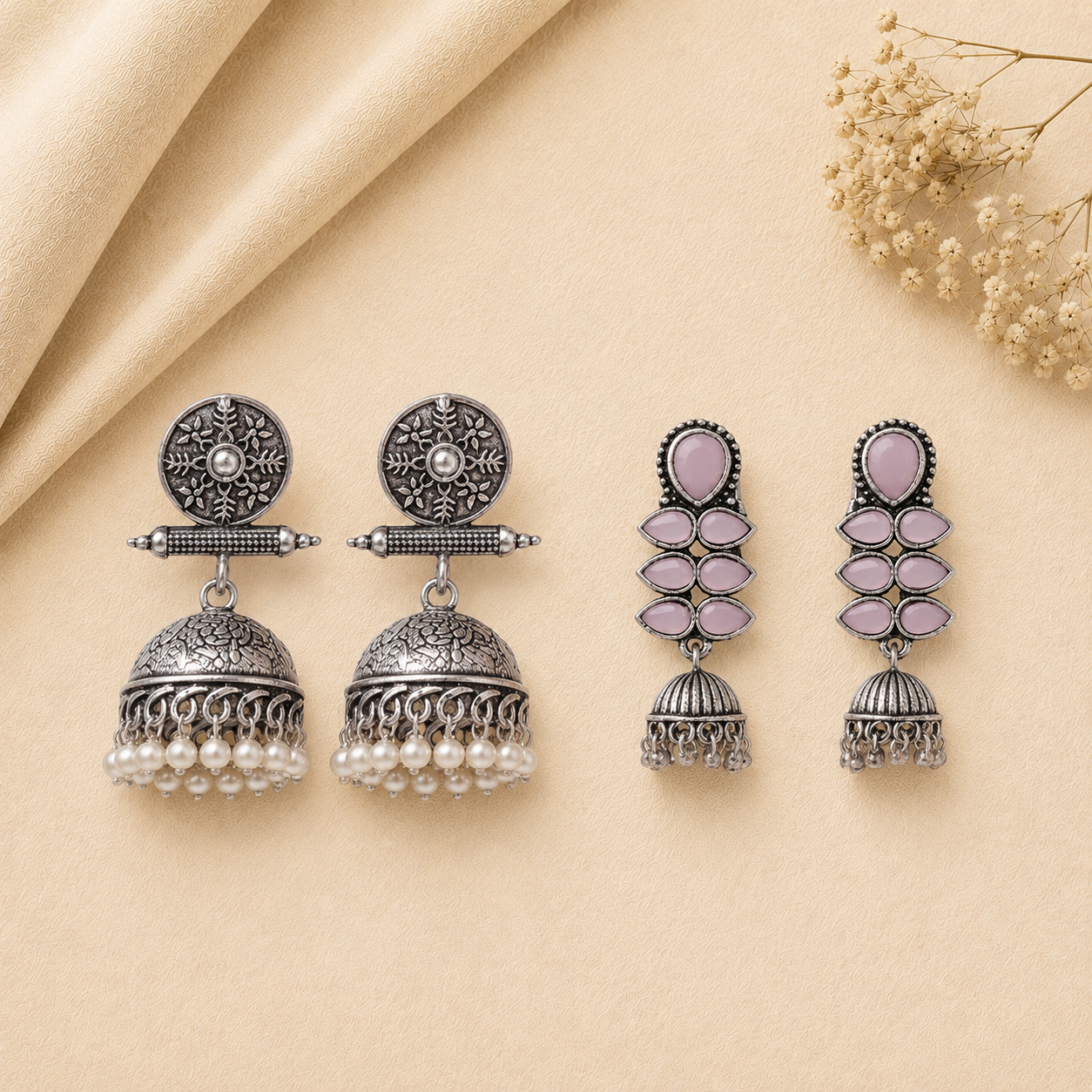 Charmbell earrings (White) Dazzle Dash Jhumki earring (Baby Pink) Combo set