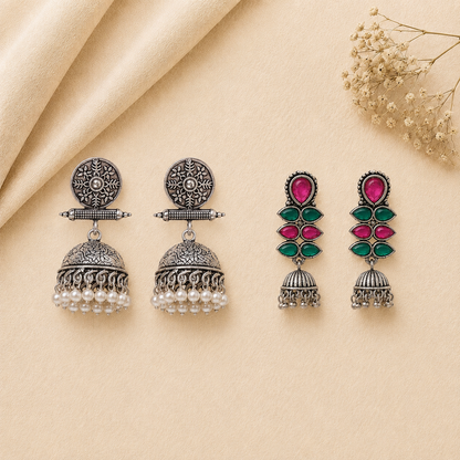 Charmbell earrings (White) Dazzle Dash Jhumki earring (Multicolored) Combo set