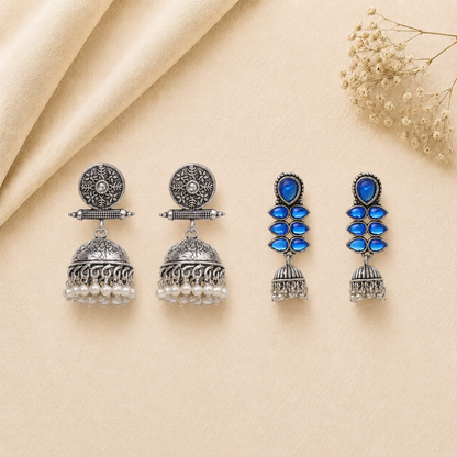 Charmbell earrings (White) Dazzle Dash Jhumki earring (Blue) Combo set