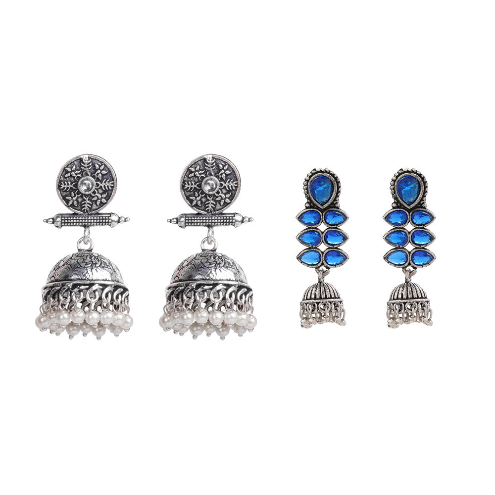 Charmbell earrings (White) Dazzle Dash Jhumki earring (Blue) Combo set