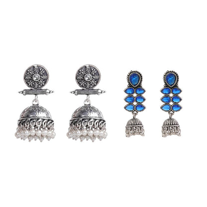 Charmbell earrings (White) Dazzle Dash Jhumki earring (Blue) Combo set