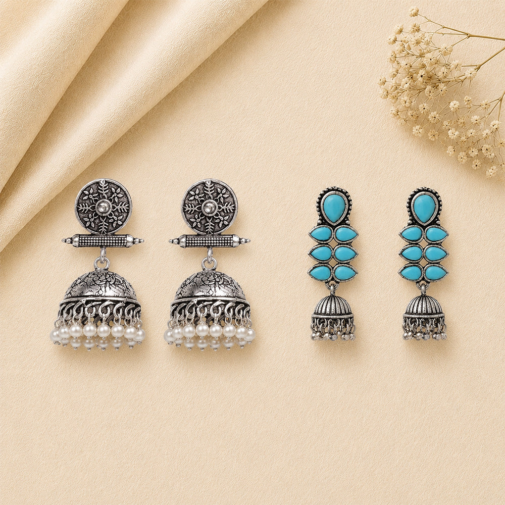 Charmbell earrings (White) Dazzle Dash Jhumki earring (Sky Blue) Combo set