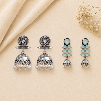 Charmbell earrings (White) Dazzle Dash Jhumki earring (Mint) Combo set