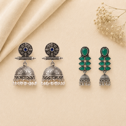 Charmbell earrings (Blue) Dazzle Dash Jhumki earring (Green) Combo set