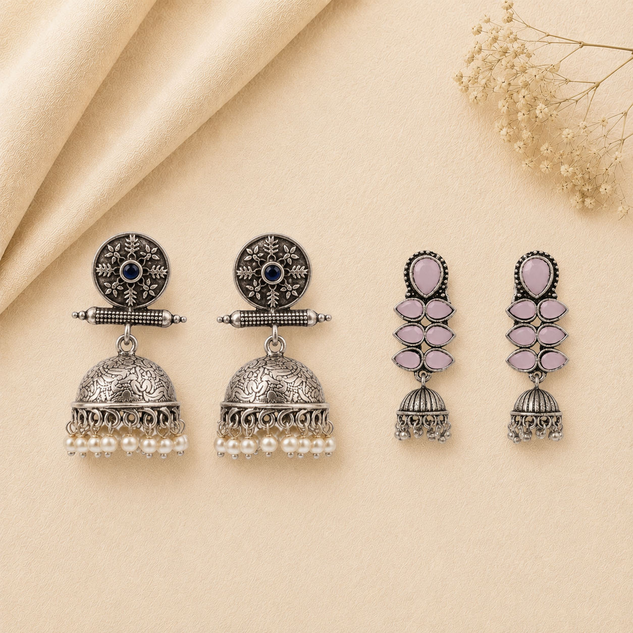 Charmbell earrings (Blue) Dazzle Dash Jhumki earring (Baby Pink) Combo set