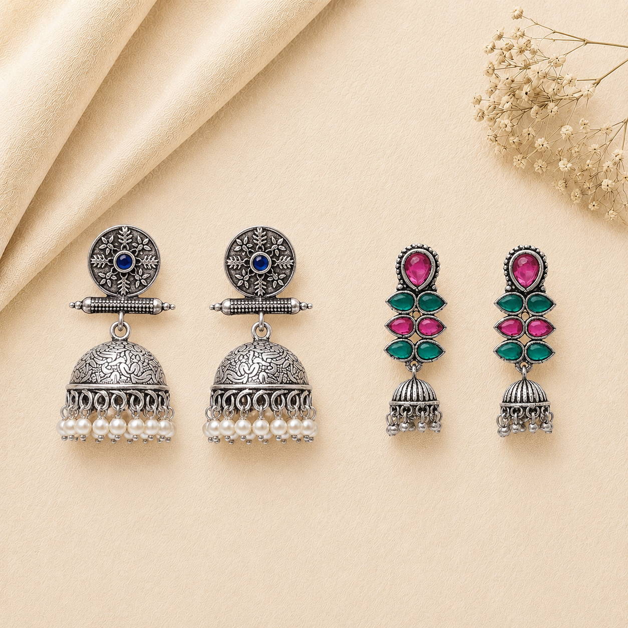 Charmbell earrings (Blue) Dazzle Dash Jhumki earring (Multicolored) Combo set