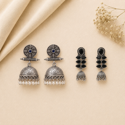 Charmbell earrings (Blue) Dazzle Dash Jhumki earring (Black) Combo set