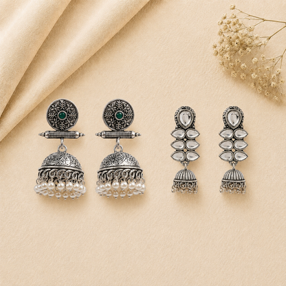 Charmbell earrings (Green) Dazzle Dash Jhumki earring (White) Combo set