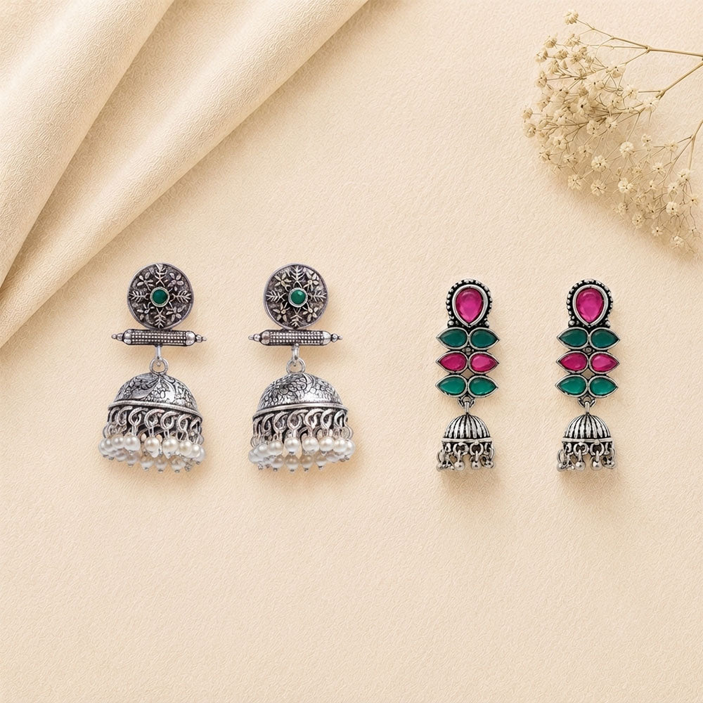 Charmbell earrings (Green) Dazzle Dash Jhumki earring (Multicolored) Combo set