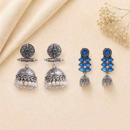 Charmbell earrings (Green) Dazzle Dash Jhumki earring (Blue) Combo set