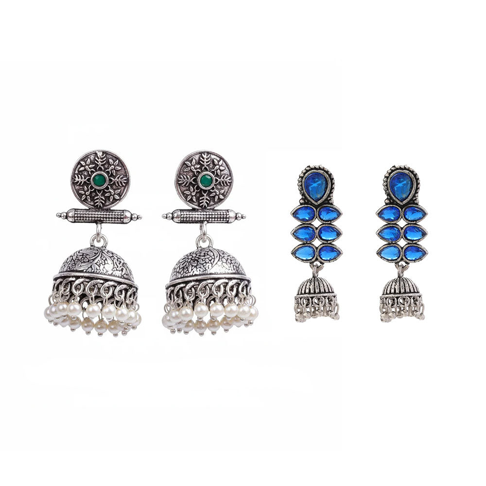 Charmbell earrings (Green) Dazzle Dash Jhumki earring (Blue) Combo set