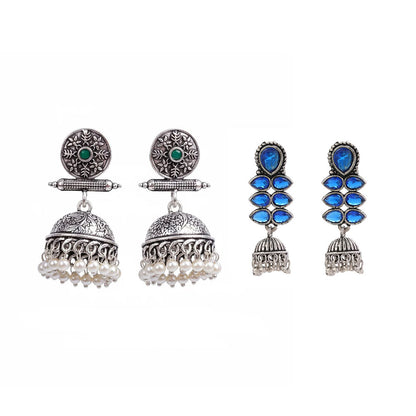 Charmbell earrings (Green) Dazzle Dash Jhumki earring (Blue) Combo set