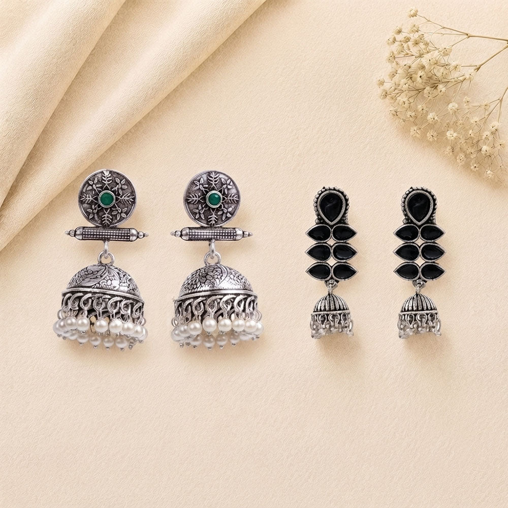 Charmbell earrings (Green) Dazzle Dash Jhumki earring (Black) Combo set