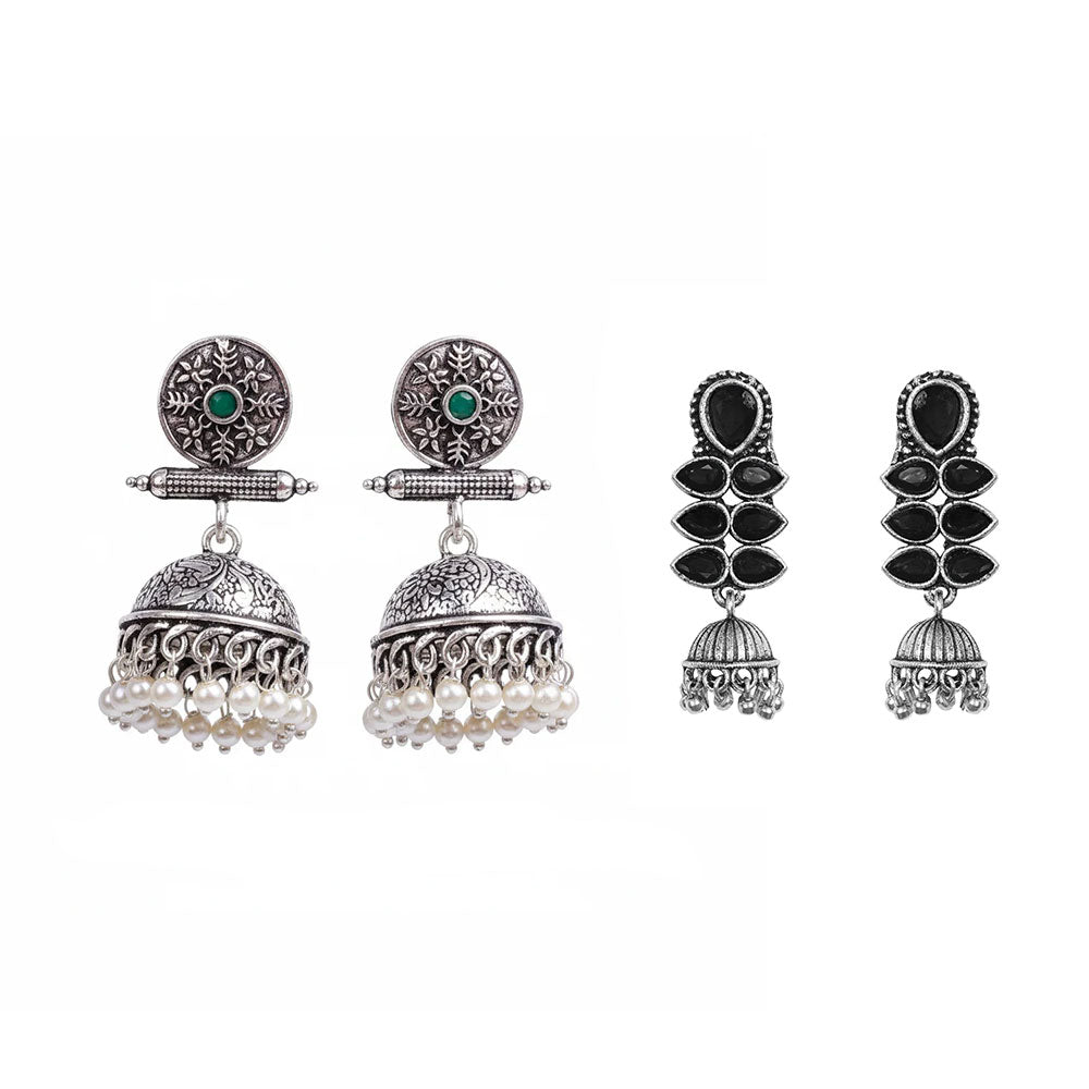 Charmbell earrings (Green) Dazzle Dash Jhumki earring (Black) Combo set