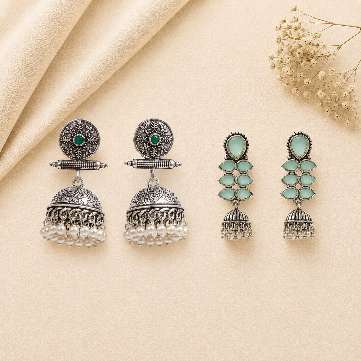 Charmbell earrings (Green) Dazzle Dash Jhumki earring (Mint) Combo set