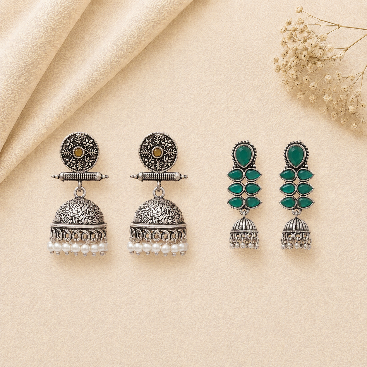 Charmbell earrings (Yellow) Dazzle Dash Jhumki earring (Green) Combo set