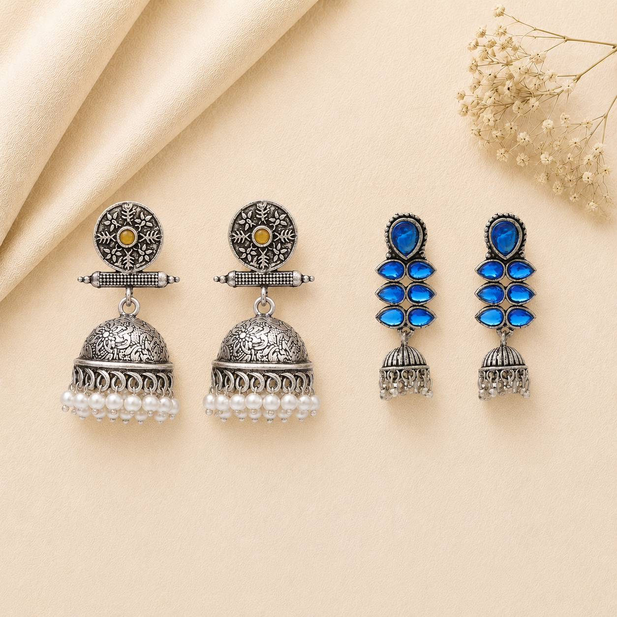 Charmbell earrings (Yellow) Dazzle Dash Jhumki earring (Blue) Combo set