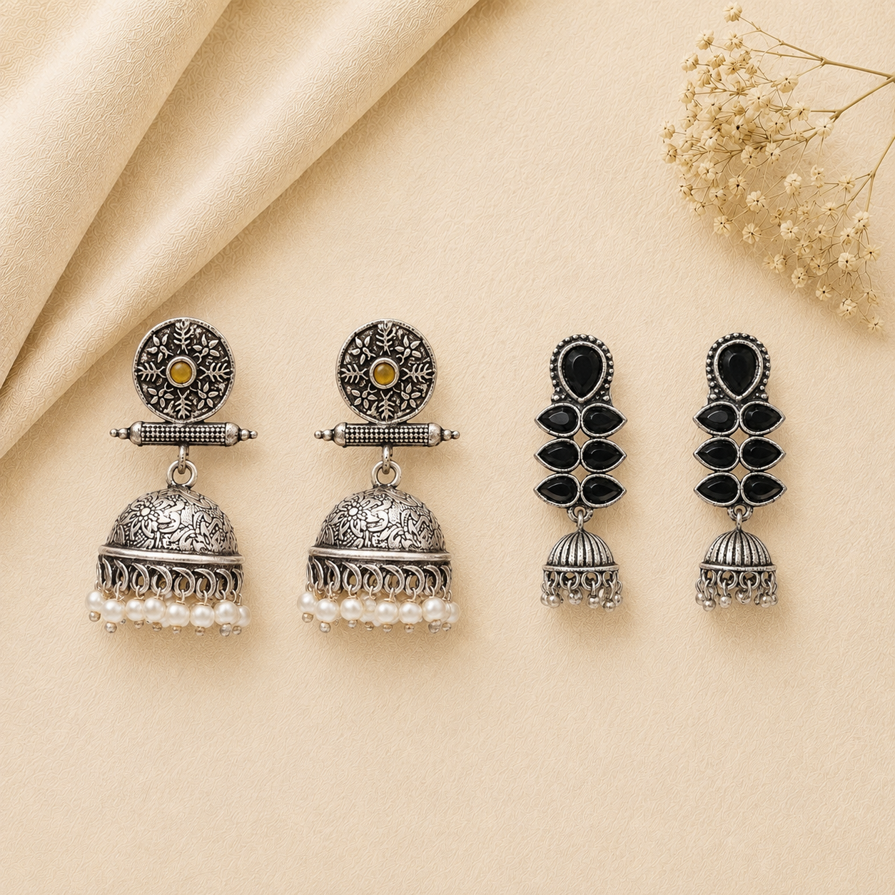 Charmbell earrings (Yellow) Dazzle Dash Jhumki earring (Black) Combo set