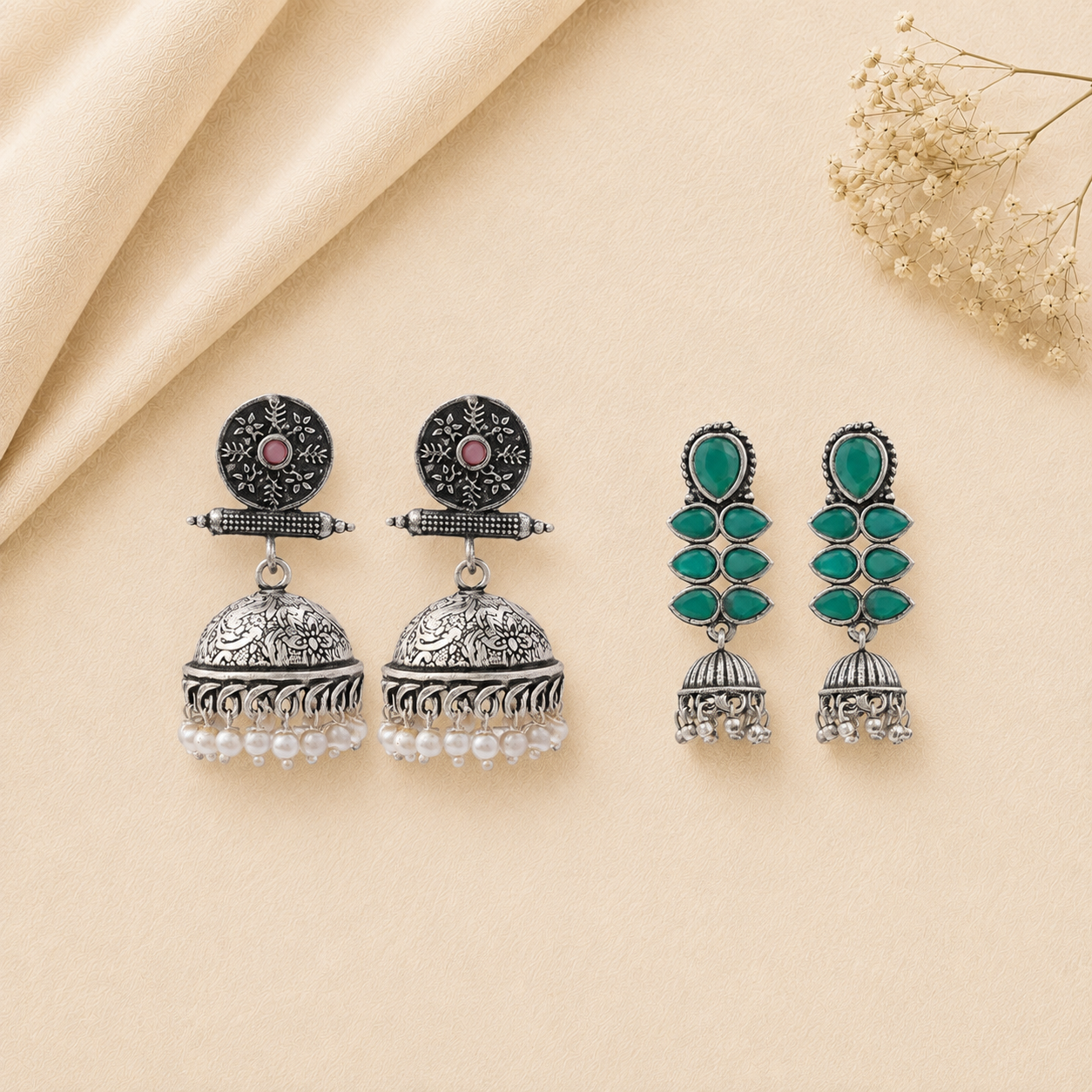 Charmbell earrings (Baby Pink) Dazzle Dash Jhumki earring (Green) Combo set