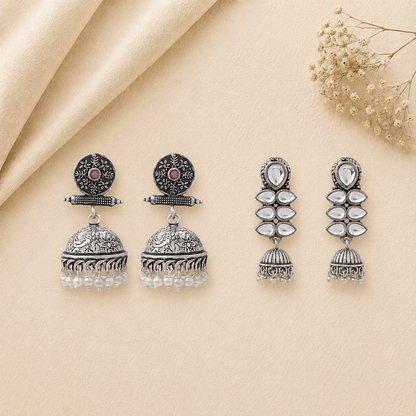 Charmbell earrings (Baby Pink) Dazzle Dash Jhumki earring (White) Combo set