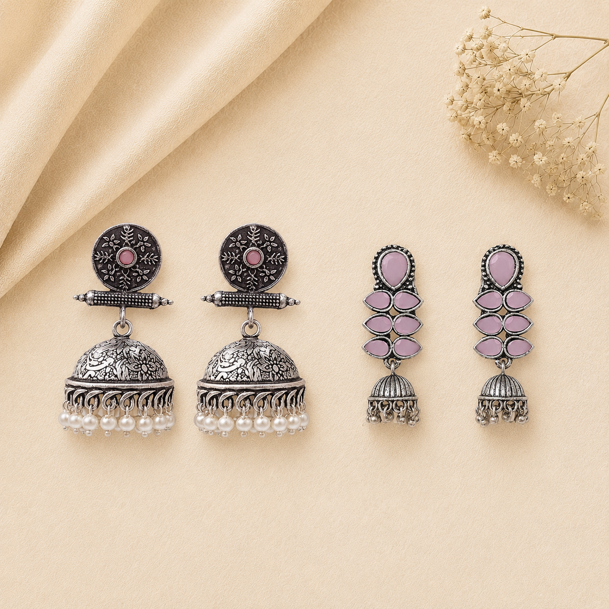 Charmbell earrings (Baby Pink) Dazzle Dash Jhumki earring (Baby Pink) Combo set