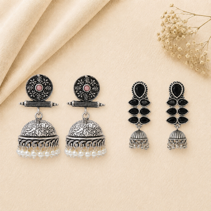 Charmbell earrings (Baby Pink) Dazzle Dash Jhumki earring (Black) Combo set