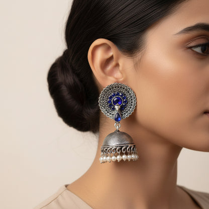 Evergreen earrings (Blue) Meena Manjari stone stud earrings (Silver) Combo set