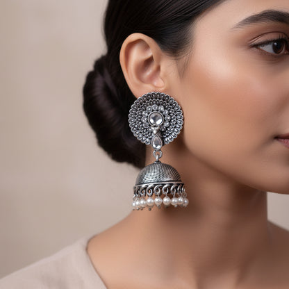 Evergreen earrings (White) Dazzle Dash Jhumki earring (Red) Combo set