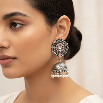 Wonderful wildflower oxidised stud earrings (Black)&Evergreen jhumka earrings (Baby Pink) Combo set
