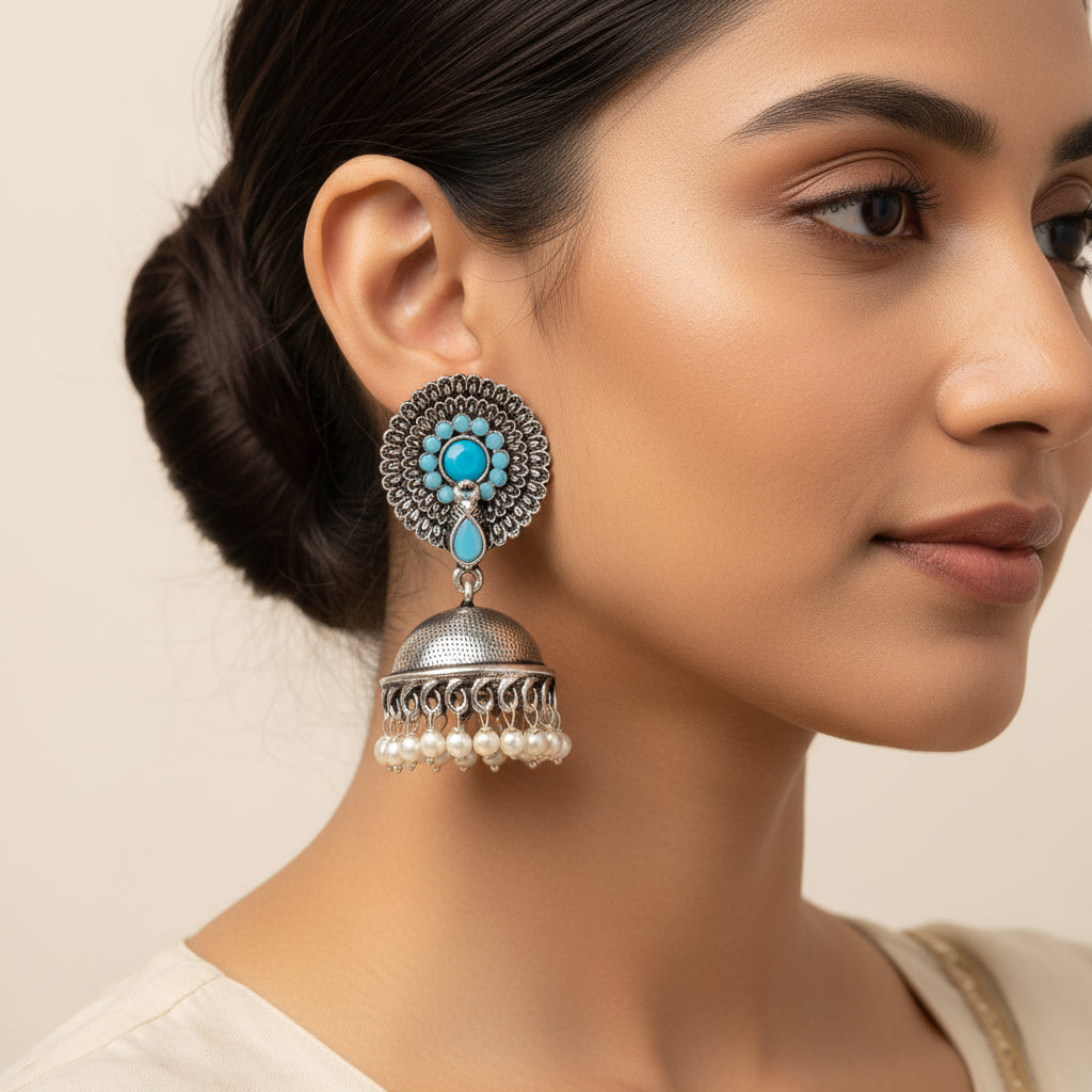 Evergreen earrings (Sky Blue) Carved Charm Dangler earrings (White) Combo set