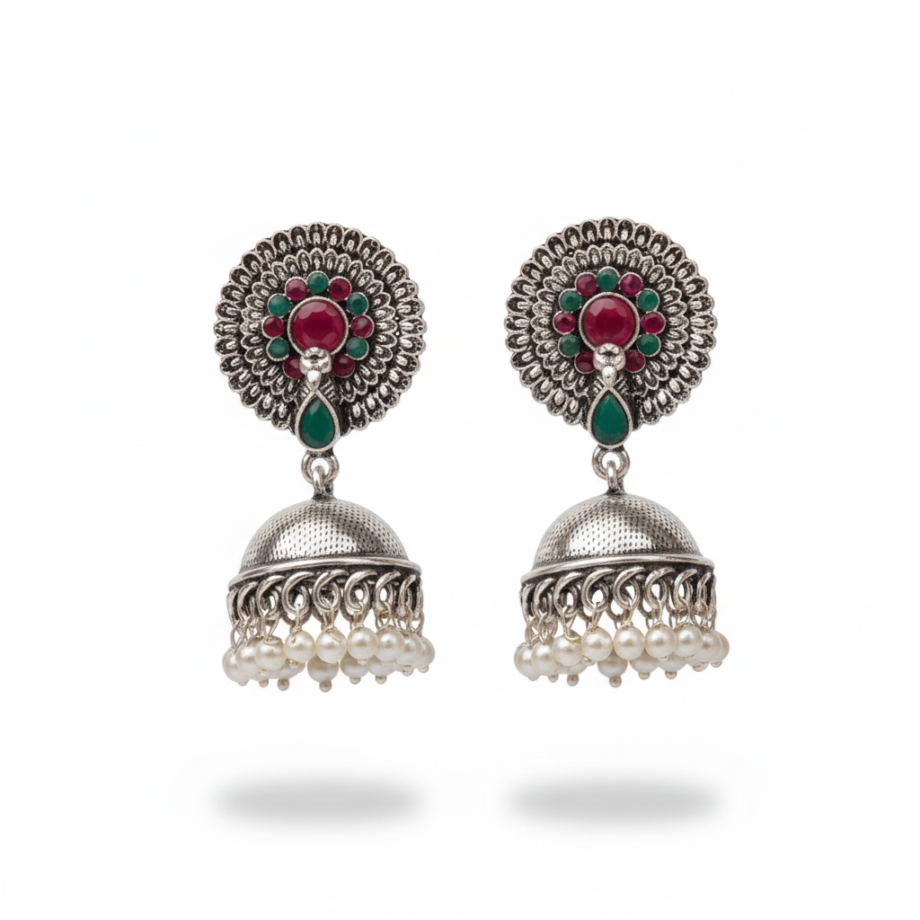 Evergreen earrings (Multicolored) Double boho floral dangler earring (Red) Combo set