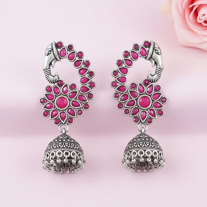Tusks and twinkle stone studded jhumka earrings (Red)
