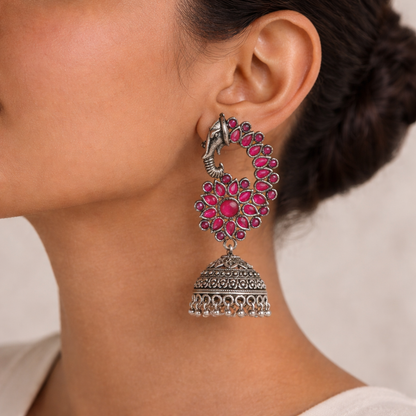 Tusks and twinkle stone studded jhumka earrings (Red)
