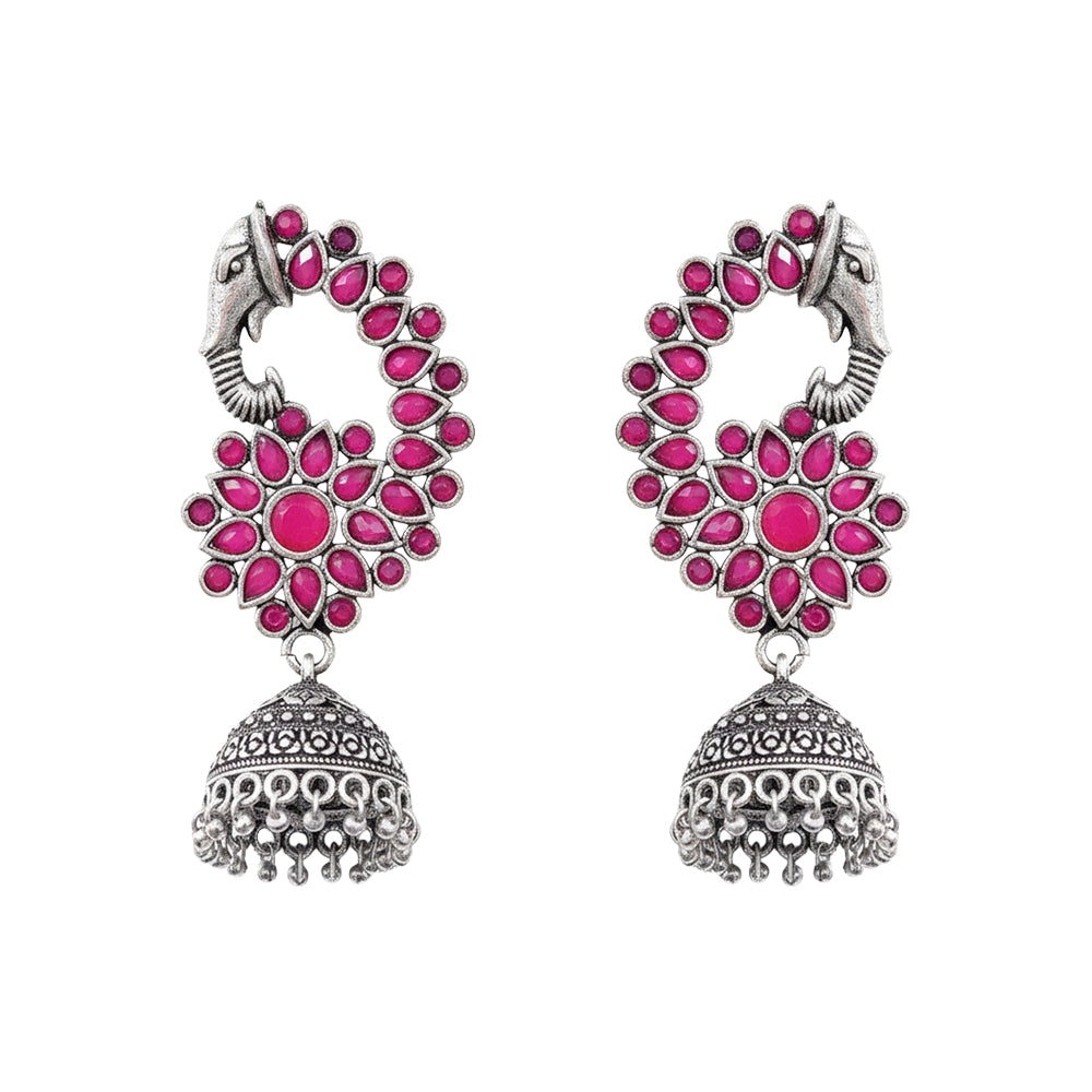 Tusks and twinkle stone studded jhumka earrings (Red)