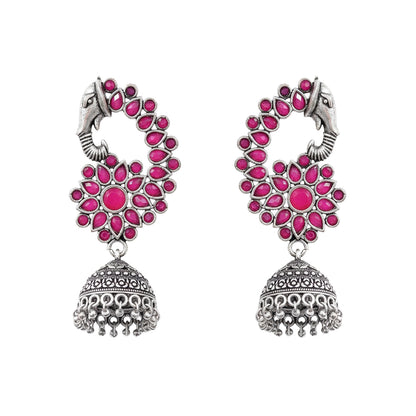 Tusks and twinkle stone studded jhumka earrings (Red)