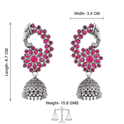 Tusks and twinkle stone studded jhumka earrings (Red)