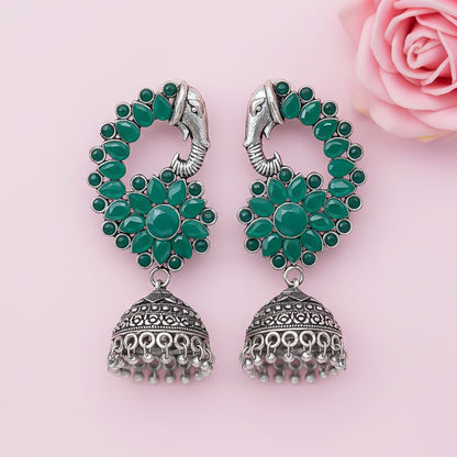 Tusks and twinkle stone studded jhumka earrings (Green)