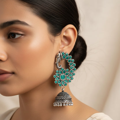 Tusks and twinkle stone studded jhumka earrings (Green)