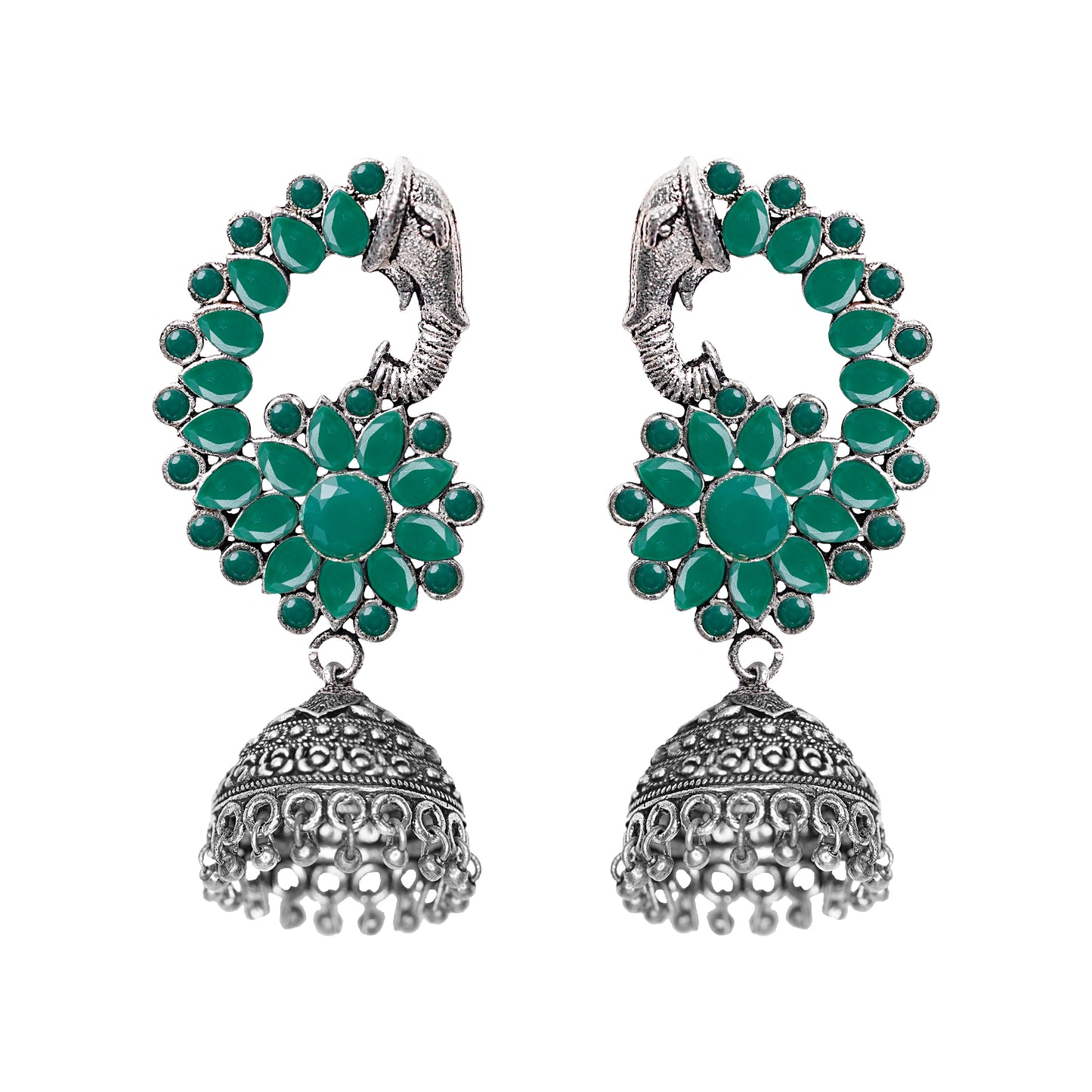 Tusks and twinkle stone studded jhumka earrings (Green)