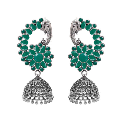 Tusks and twinkle stone studded jhumka earrings (Green)