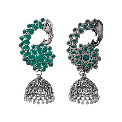 Tusks and twinkle stone studded jhumka earrings (Green)