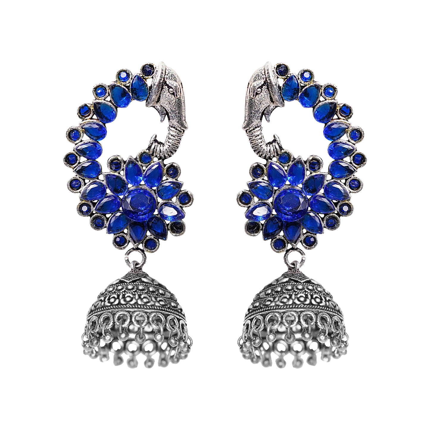 Tusks and twinkle stone studded jhumka earrings (Blue)