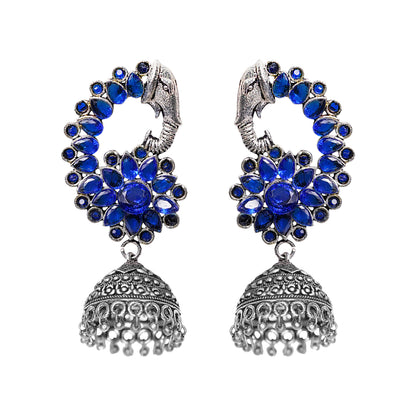 Tusks and twinkle stone studded jhumka earrings (Blue)